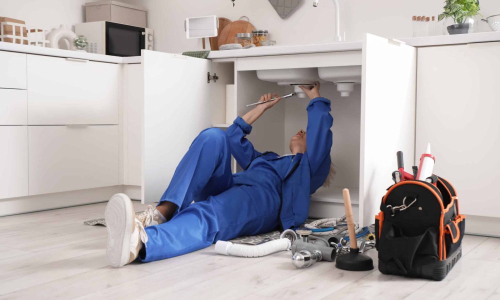 Mature female plumber installing sink in kitchen